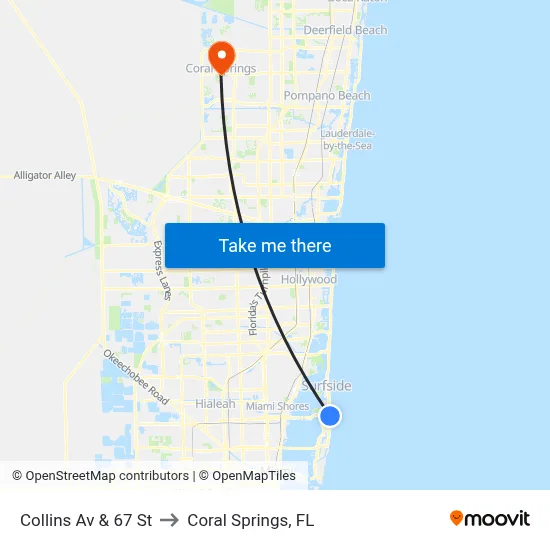 Collins Av & 67 St to Coral Springs, FL map