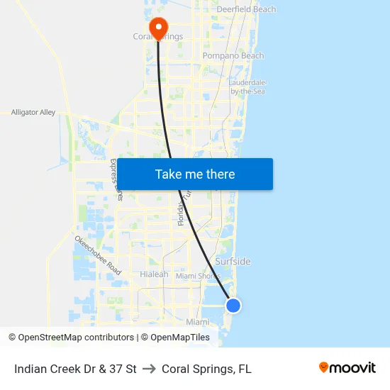 Indian Creek Dr & 37 St to Coral Springs, FL map