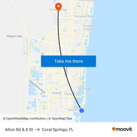 Alton Rd & 8 St to Coral Springs, FL map