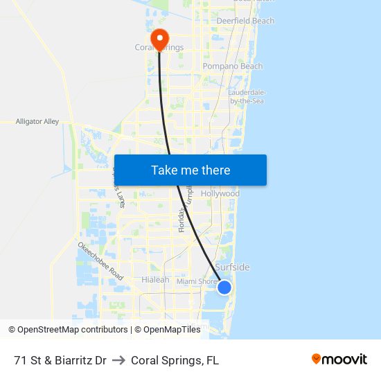 71 St & Biarritz Dr to Coral Springs, FL map