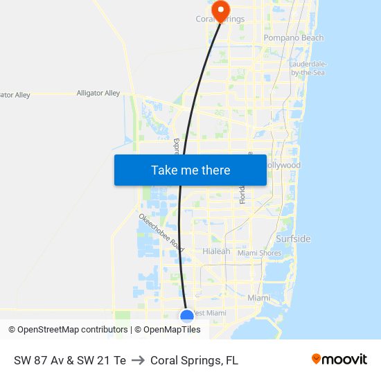 SW 87 Av & SW 21 Te to Coral Springs, FL map