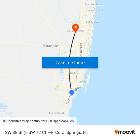 SW 88 St @ SW 72 Ct to Coral Springs, FL map