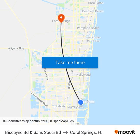 Biscayne Bd & Sans Souci Bd to Coral Springs, FL map