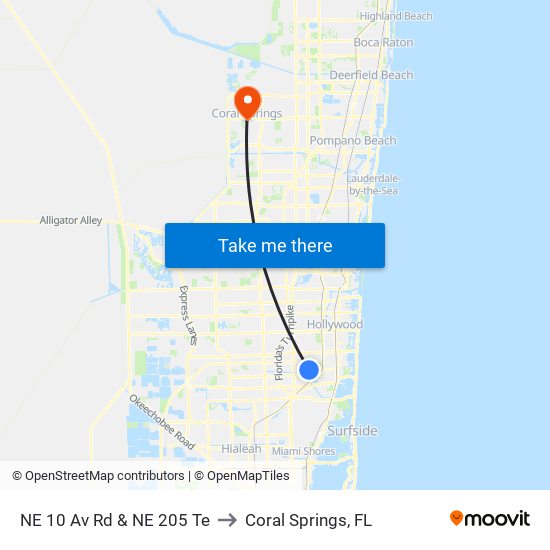 NE 10 Av Rd & NE 205 Te to Coral Springs, FL map