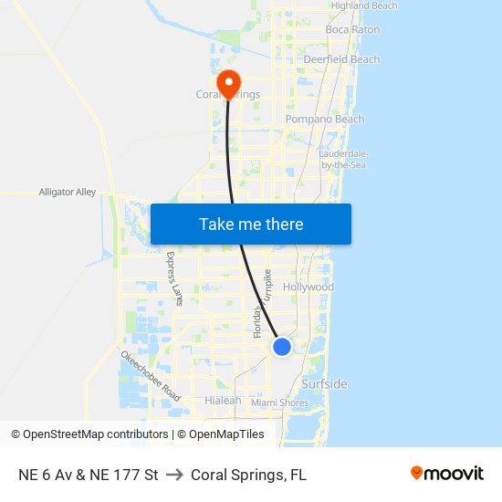 NE 6 Av & NE 177 St to Coral Springs, FL map