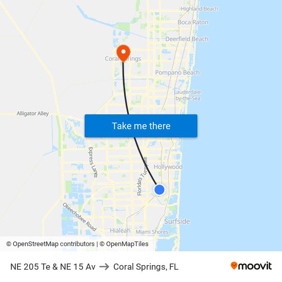 NE 205 Te & NE 15 Av to Coral Springs, FL map