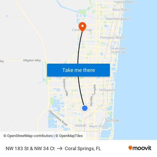 NW 183 St & NW 34 Ct to Coral Springs, FL map