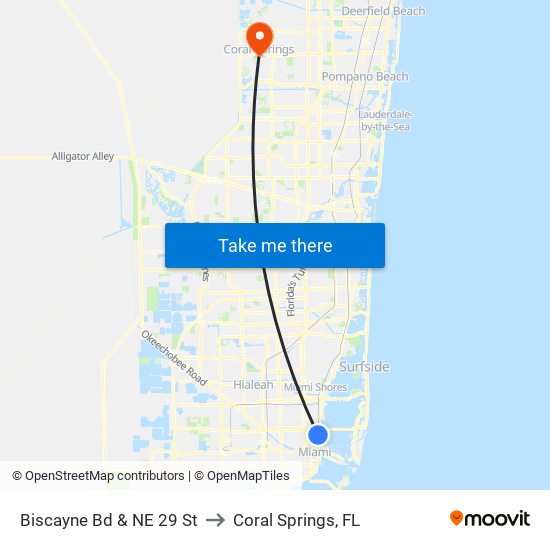 Biscayne Bd & NE 29 St to Coral Springs, FL map