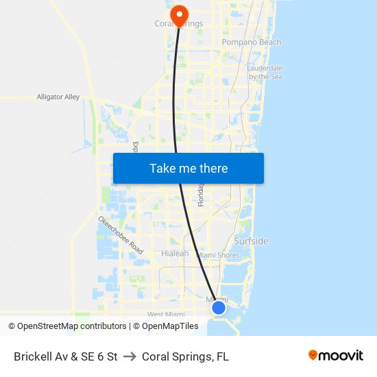 Brickell Av & SE 6 St to Coral Springs, FL map