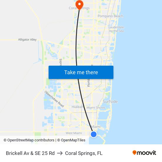 Brickell Av & SE 25 Rd to Coral Springs, FL map