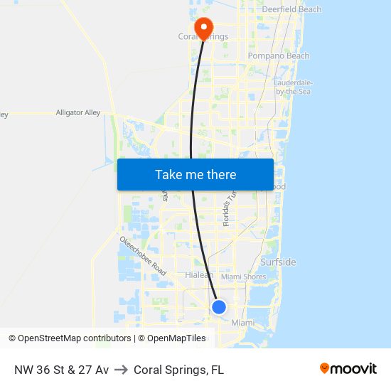NW 36 St & 27 Av to Coral Springs, FL map