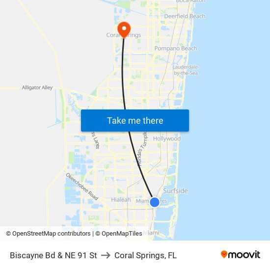 Biscayne Bd & NE 91 St to Coral Springs, FL map