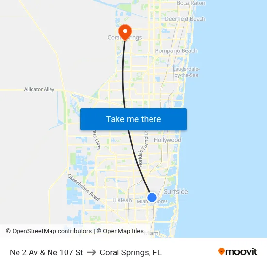 Ne 2 Av & Ne 107 St to Coral Springs, FL map