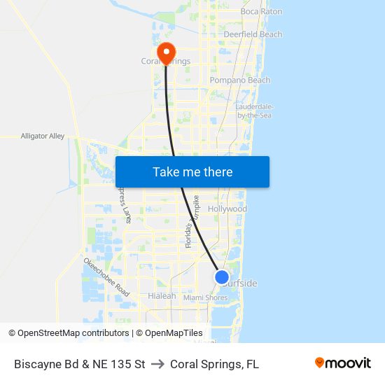 Biscayne Bd & NE 135 St to Coral Springs, FL map