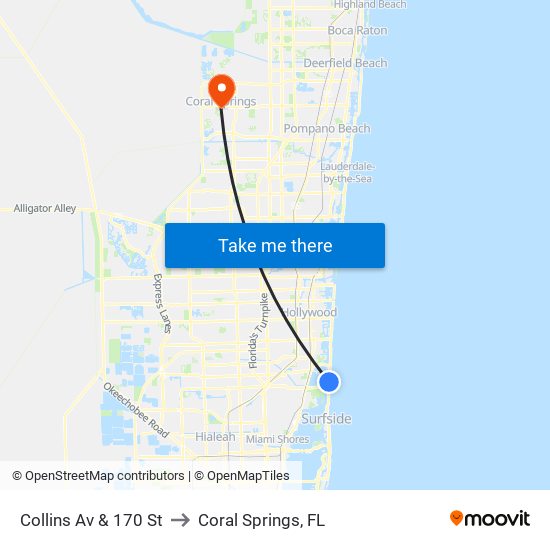 Collins Av & 170 St to Coral Springs, FL map