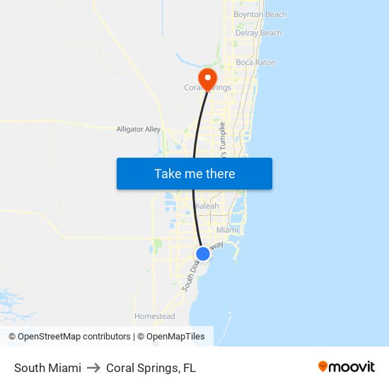 South Miami to Coral Springs, FL map