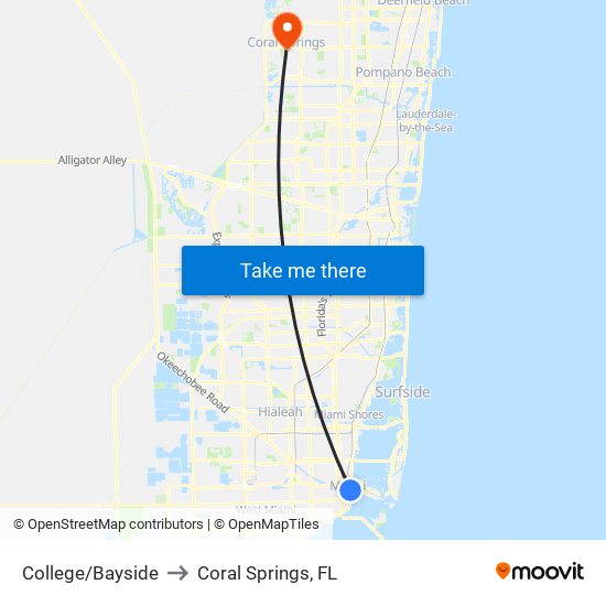 College/Bayside to Coral Springs, FL map