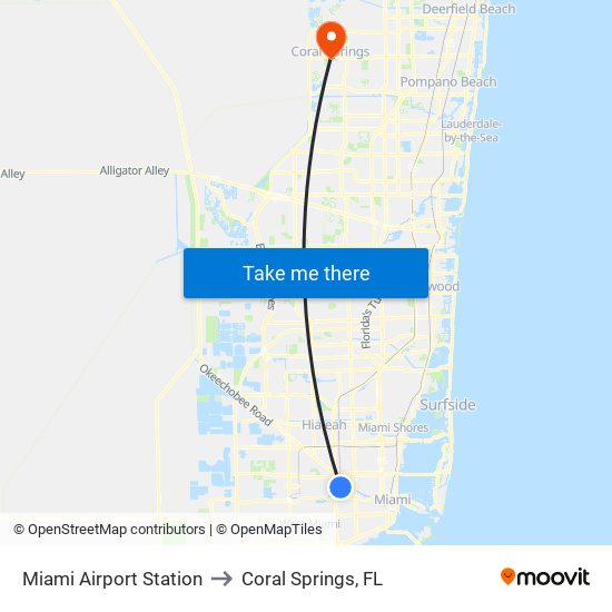 Miami Airport Station to Coral Springs, FL map