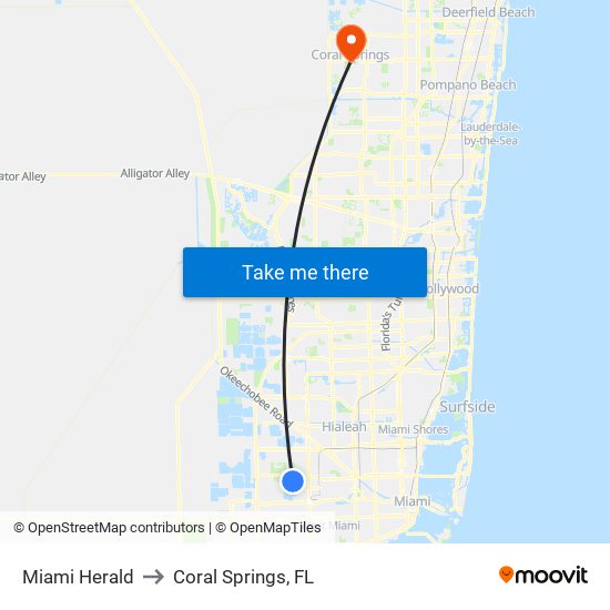 Miami Herald to Coral Springs, FL map
