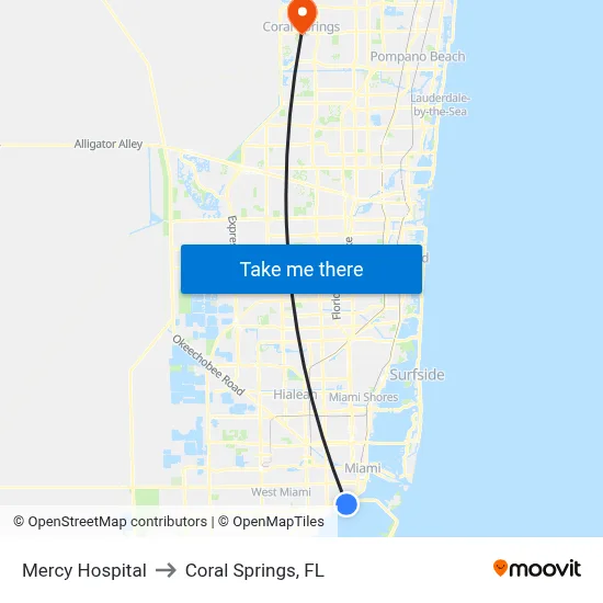Mercy Hospital to Coral Springs, FL map