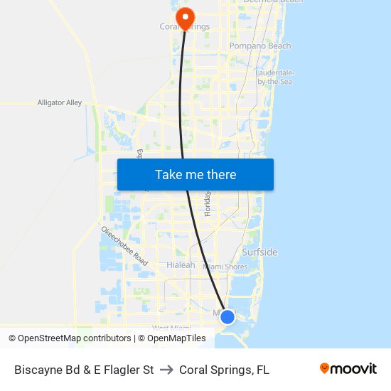 Biscayne Bd & E Flagler St to Coral Springs, FL map