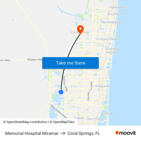 Memorial Hospital Miramar to Coral Springs, FL map