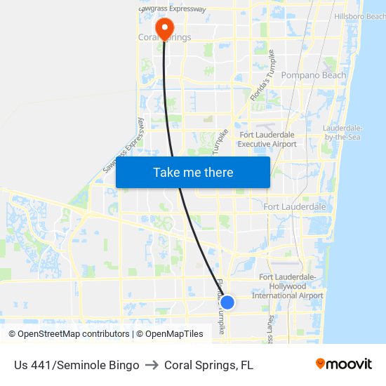 US 441/SEMINOLE BINGO to Coral Springs, FL map