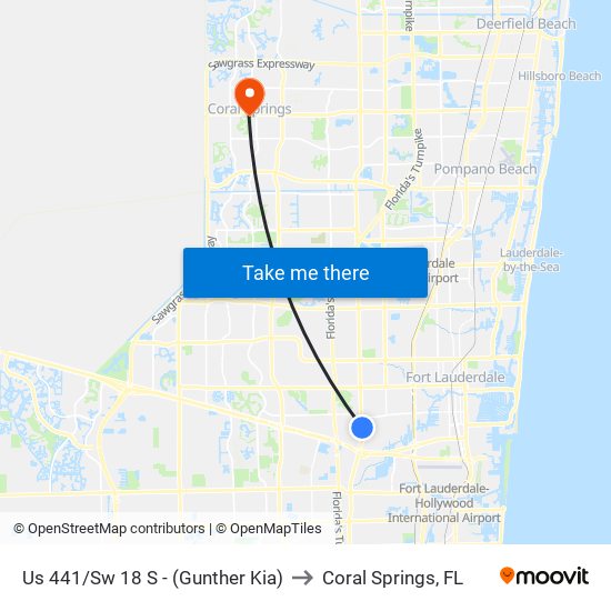 US 441/SW 18 S - (GUNTHER KIA) to Coral Springs, FL map