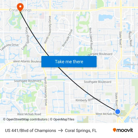 US 441/Blvd of Champions to Coral Springs, FL map