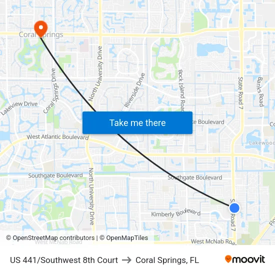 US 441/Southwest 8th Court to Coral Springs, FL map