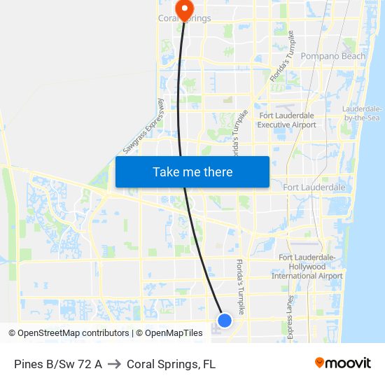 Pines B/Sw 72 A to Coral Springs, FL map