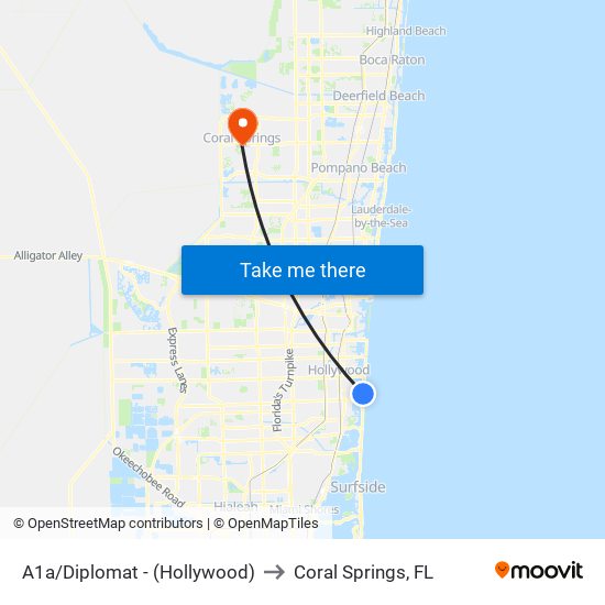 A1a/Diplomat - (Hollywood) to Coral Springs, FL map