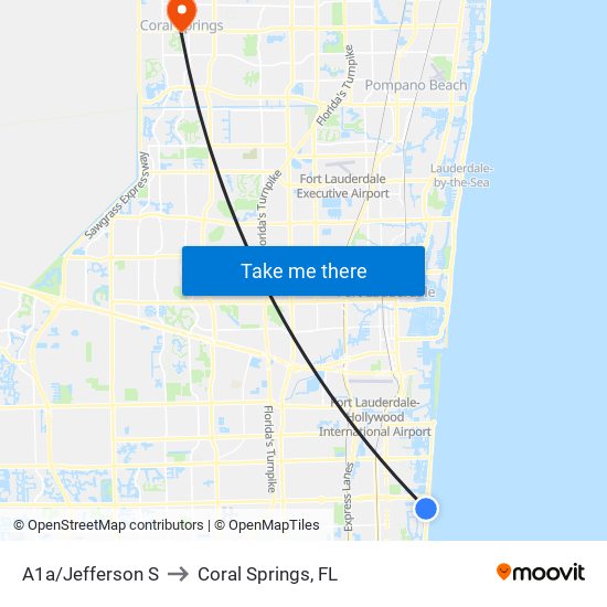 A1a/Jefferson S to Coral Springs, FL map