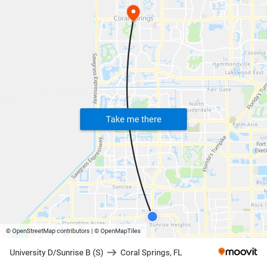 University D/Sunrise B (S) to Coral Springs, FL map