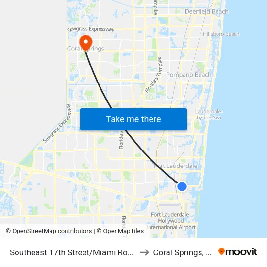 Southeast 17th Street/Miami Road to Coral Springs, FL map