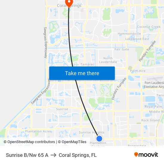 Sunrise B/Nw 65 A to Coral Springs, FL map