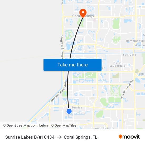 Sunrise Lakes B/#10434 to Coral Springs, FL map