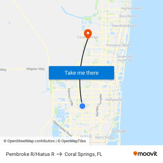 Pembroke R/Hiatus R to Coral Springs, FL map