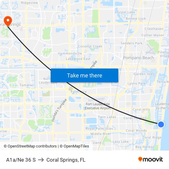 A1a/Ne 36 S to Coral Springs, FL map