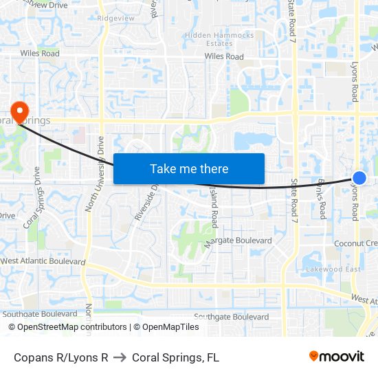 Copans R/Lyons R to Coral Springs, FL map