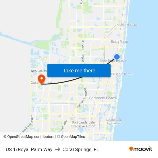 US 1/Royal Palm Way to Coral Springs, FL map