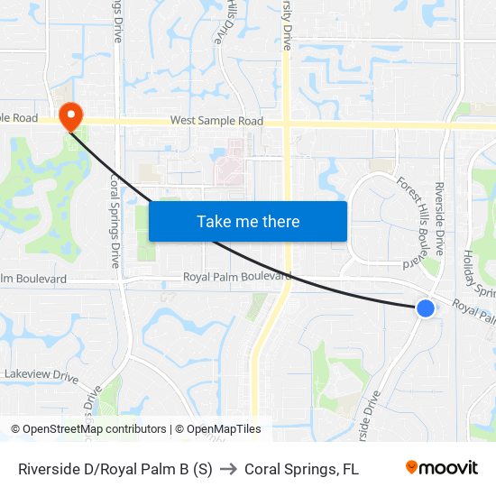 Riverside D/Royal Palm B (S) to Coral Springs, FL map