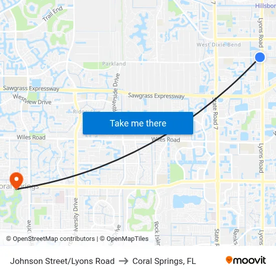 Johnson Street/Lyons Road to Coral Springs, FL map