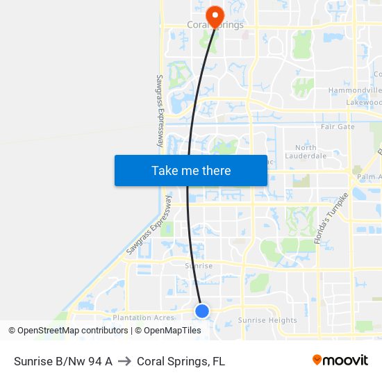 Sunrise B/Nw 94 A to Coral Springs, FL map