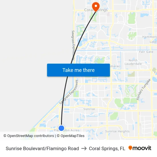 Sunrise Boulevard/Flamingo Road to Coral Springs, FL map