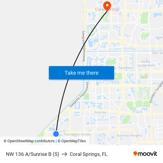 NW 136 A/Sunrise B (S) to Coral Springs, FL map