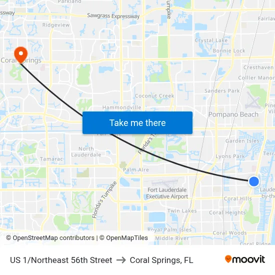 US 1/Northeast 56th Street to Coral Springs, FL map