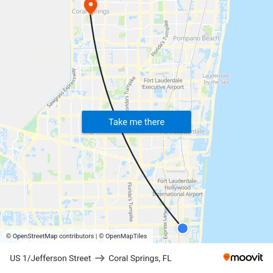 US 1/Jefferson Street to Coral Springs, FL map