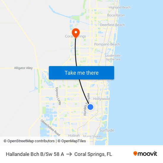 Hallandale Bch B/Sw 58 A to Coral Springs, FL map