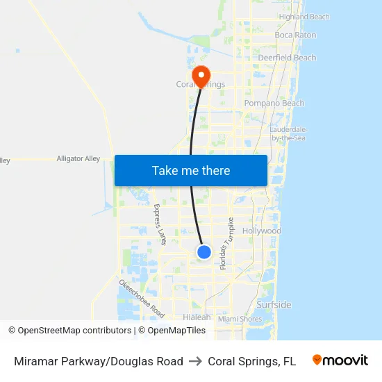 Miramar Parkway/Douglas Road to Coral Springs, FL map